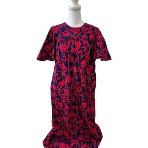 Vintage Hawaiian Hibiscus Print Maxi Mumu Mrs Roper Kaftan Dress Blue Red